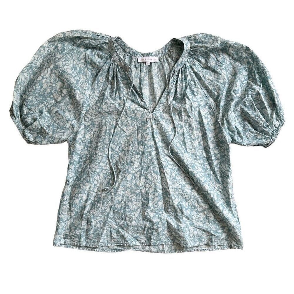 House of Harlow 1960 Blue White Martine Seafoam Print Boho Puff Sleeve